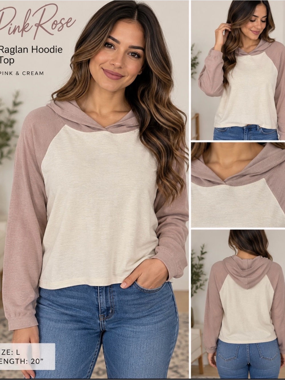 Nicely used: Pink Rose Pink and Cream Raglan Hoodie top PTP 20 Length: 20
